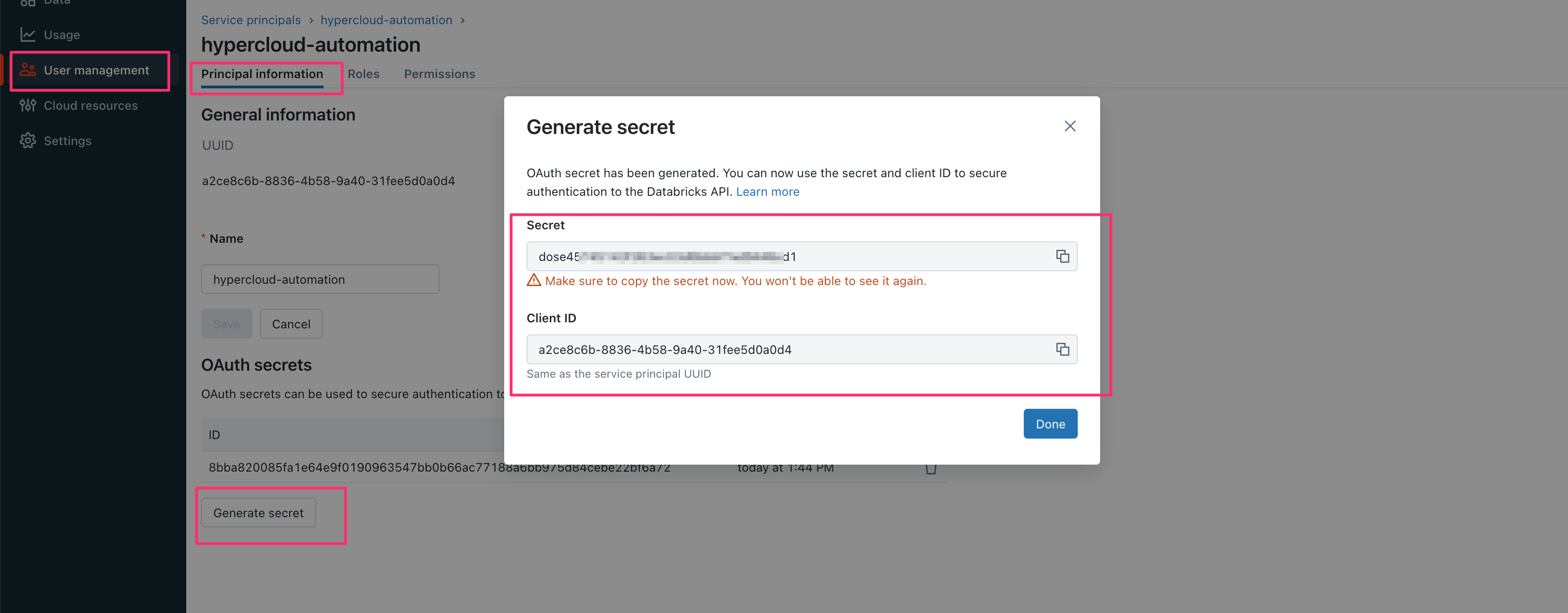 Service Principle Secret