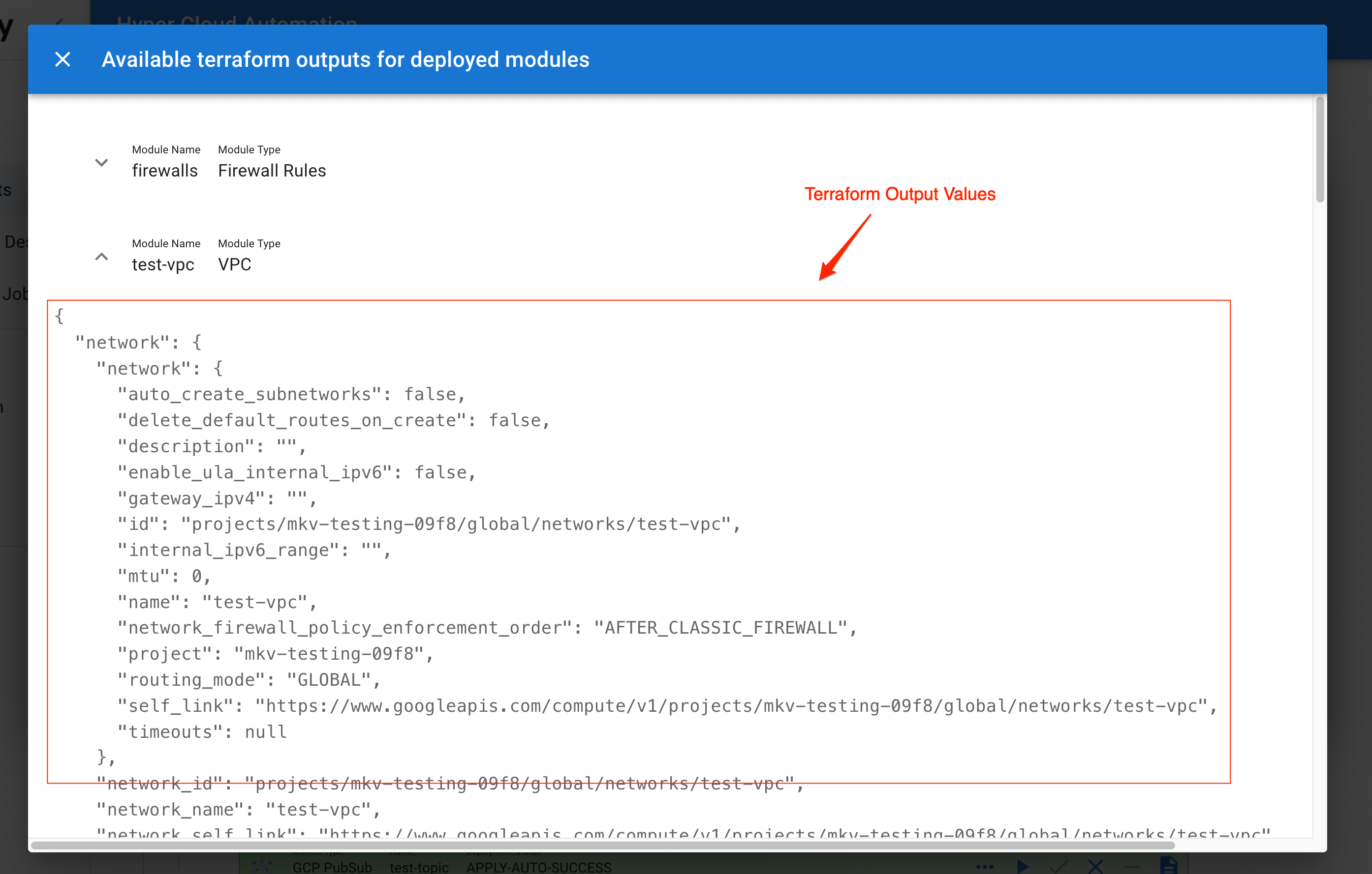 Terraform Output Dialog